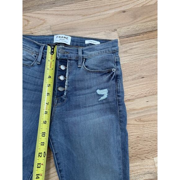 Frame Stretch Skinny Jeans Distressed Le High Size 27 Exposed Button Fly Blue - Picture 7 of 10